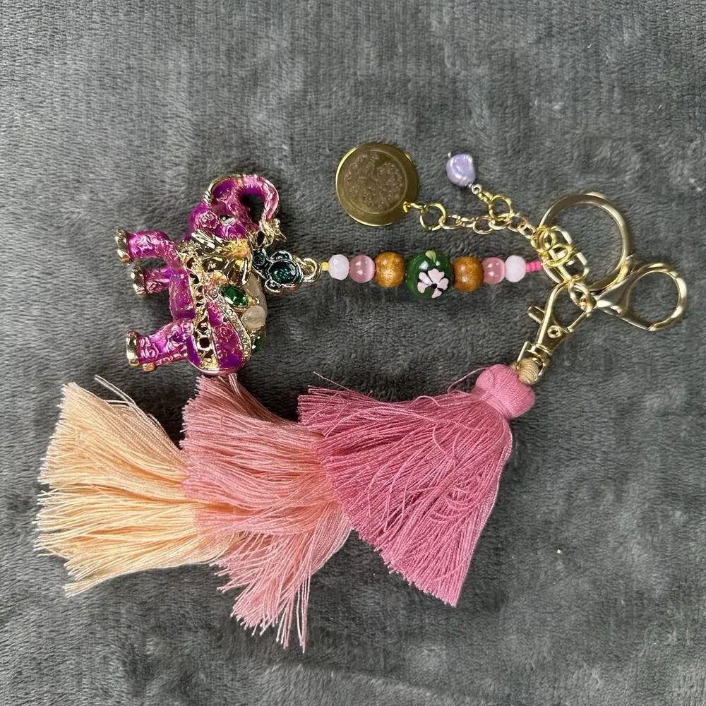 Elephant Pink Bag charm Keychain Metal enamel Boho tier Tassel Beading Unique.